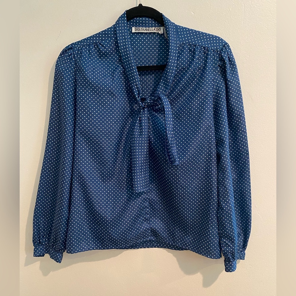Vintage Loubella Navy & White Polka Dot Tie-Neck long sleeve Blouse size S/M